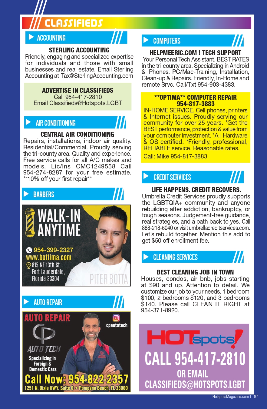 Colorful classifieds page layout showing categories like Accounting, Computers, Air Conditioning, Barbers, and Auto Repair with ads.