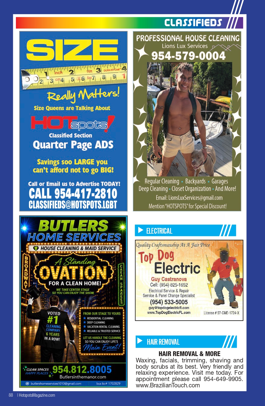 Collage of four colorful classified ads on a blue page: a blue 'Size' ad with a tape measure, a green 'Professional House Cleaning' ad with a shirtless man, a neon 'Butlers Home Services' OVATION poster, and a 'Top Dog Electric' ad with a hair-removal section nearby.