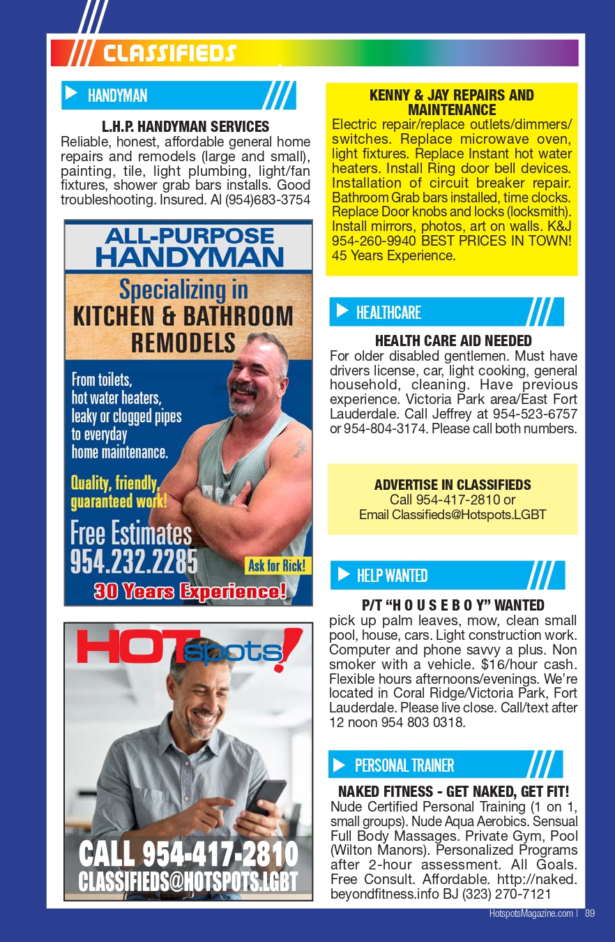 Classifieds page with a blue border; left column shows handyman ad with a man in a sleeveless shirt and kitchen image, right column lists maintenance and healthcare ads.