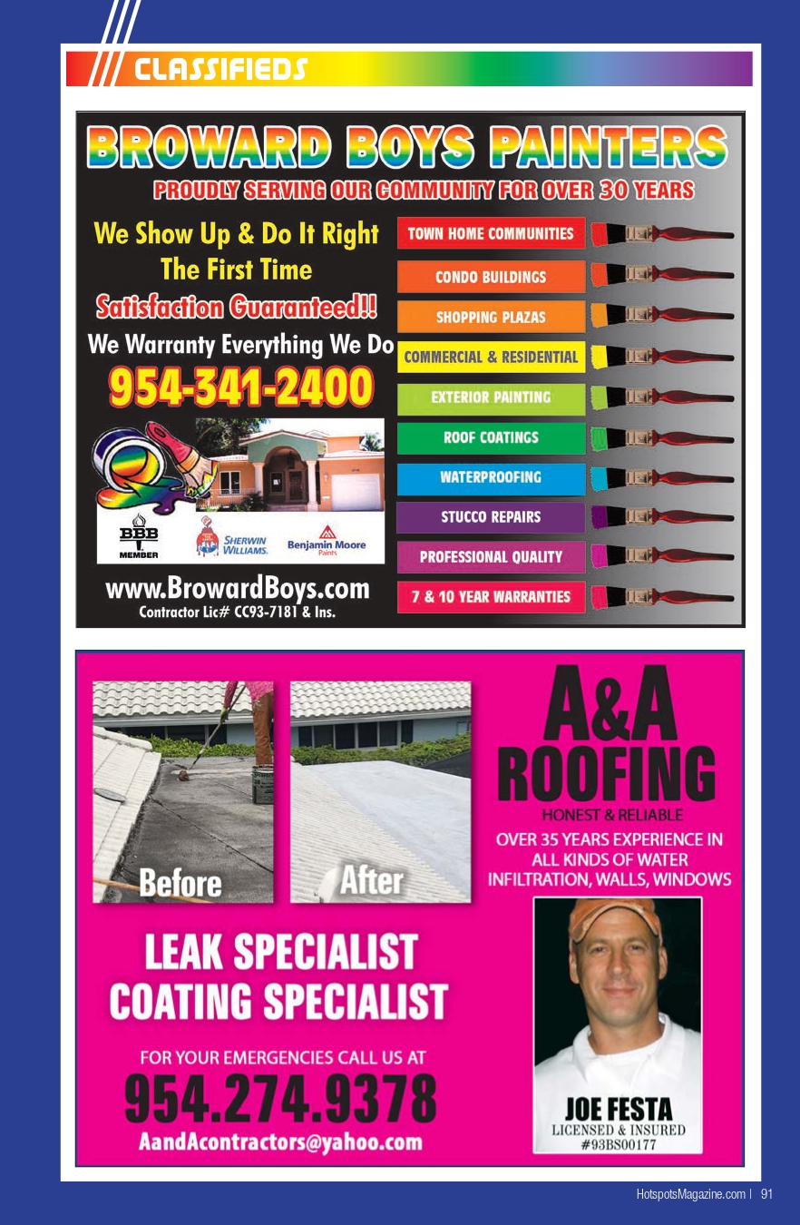 Two large advertisement panels: Broward Boys Painters with colorful header and service list, plus a pink A&A Roofing ad showing before/after photos and contact info.
