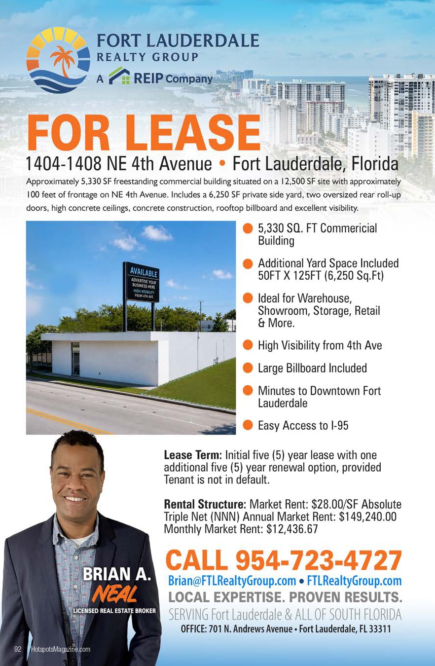 Advertisement for Fort Lauderdale Realty Group lease with large 'FOR LEASE' text, cityscape, and a broker photo at the bottom left.
