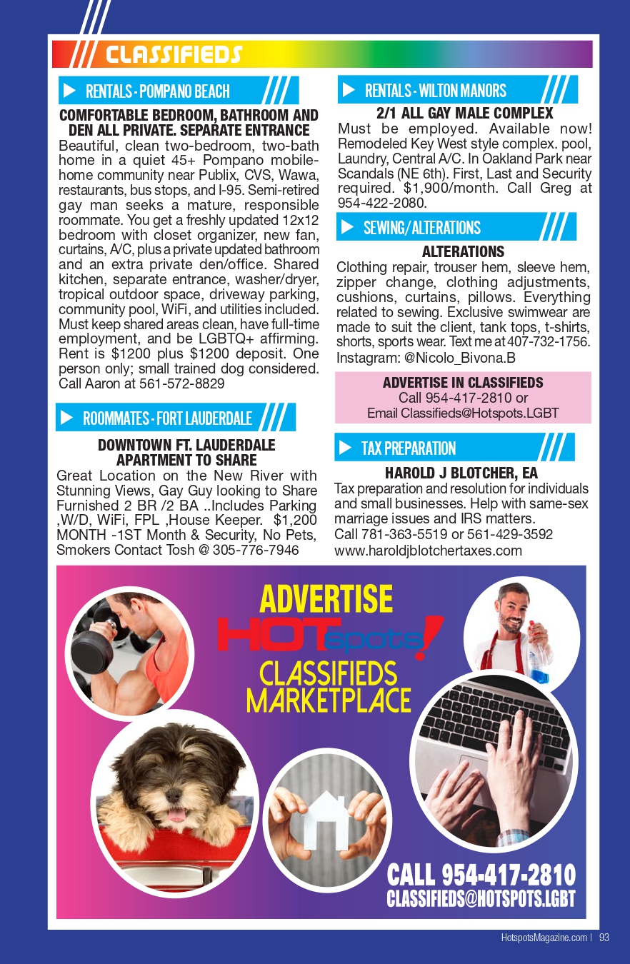 A colorful two‑column classifieds page featuring rental ads, roommates, alterations, and tax prep sections with a bright header and pink ad box; bottom shows a large colorful advertisement graphic.