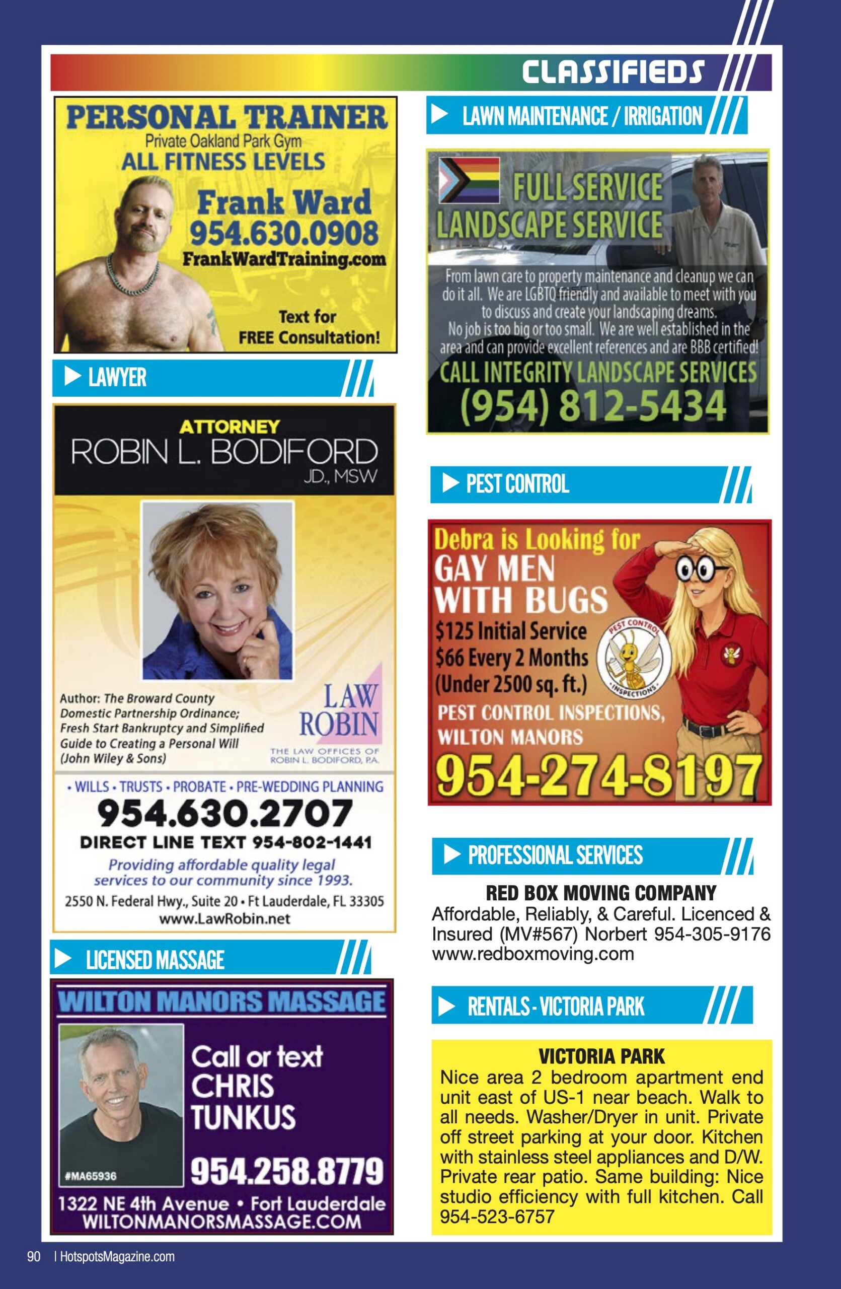 Collage of colorful classified ads for services (fitness, law, pest control, landscaping) on a blue-bordered magazine page.