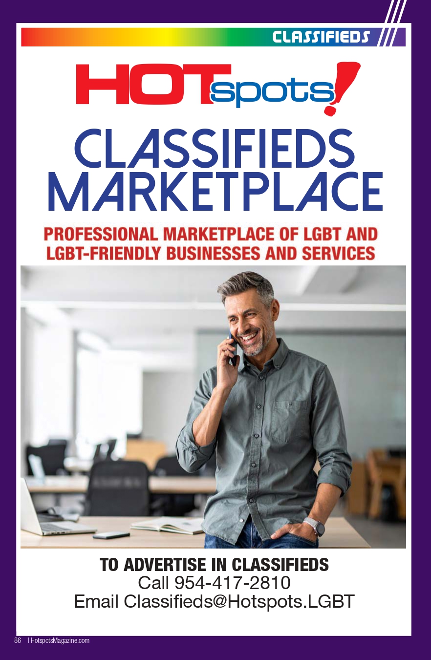 Poster advertisement for HOTspots Classifieds Marketplace; a smiling man speaks on a phone in an office, with contact details at the bottom.