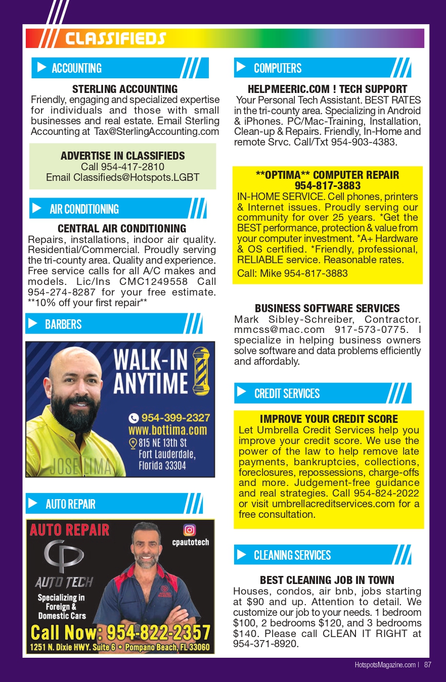 Classified ads page with two columns of local service listings (Accounting, Computers, Air Conditioning, Barbers, Auto Repair, Cleaning) on a purple background.