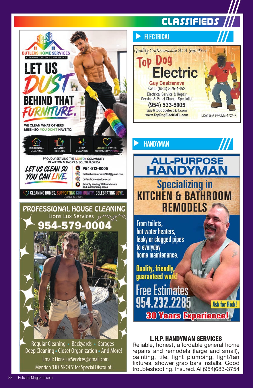 Colorful classifieds page on a purple background with ads for cleaning, electrical, and handyman services under a 'Classifieds' header.