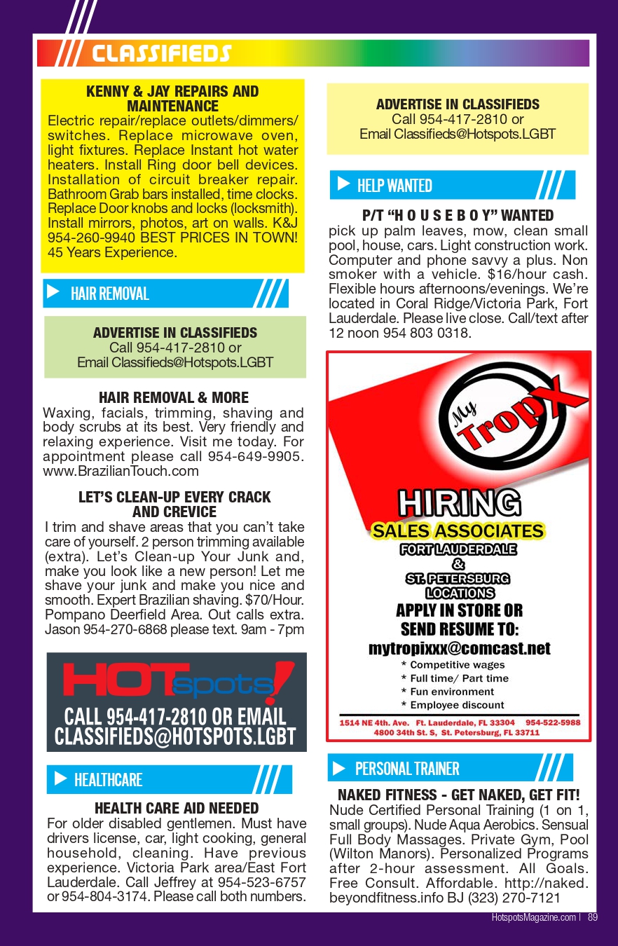 Colorful classifieds page showing repair, help-wanted, hair removal, healthcare, and personal trainer ads in colored blocks on a purple background.