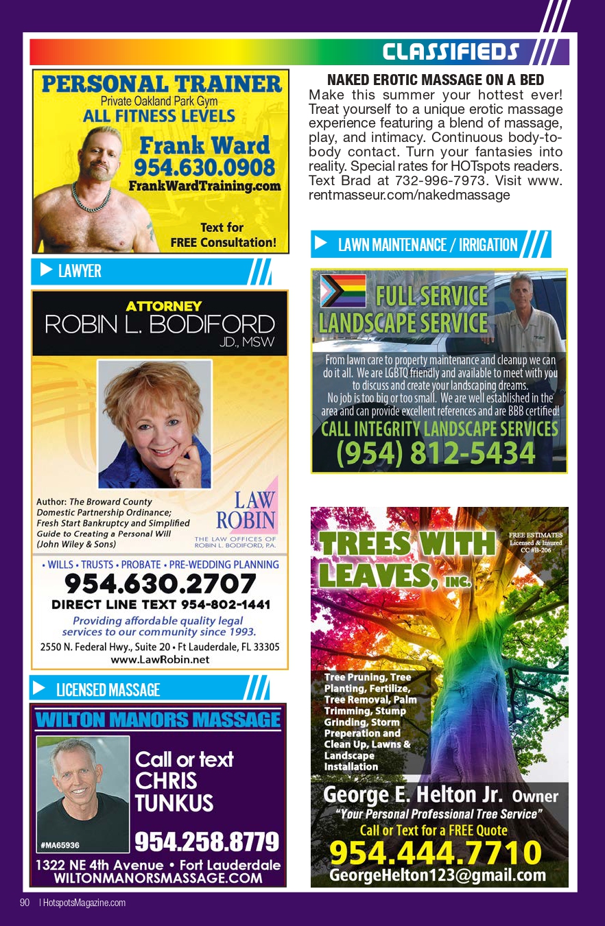 Colorful classifieds collage on a purple background featuring multiple ads: personal trainer, attorney, lawn maintenance, landscape service, legal help, tree services, and massage ads.