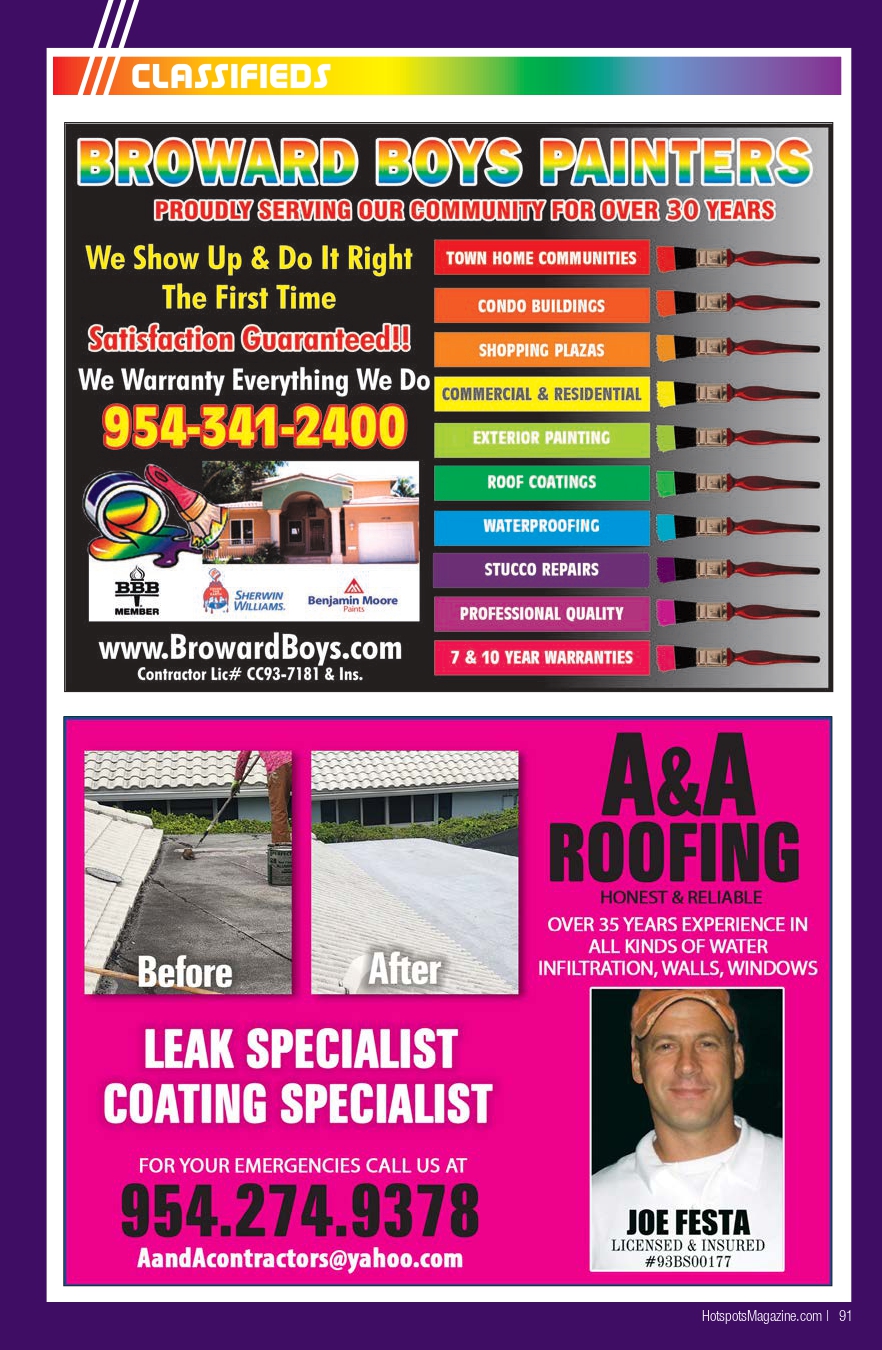 Advertisement page with Broward Boys Painters banner, colorful service list and phone number, plus A&A Roofing ad showing before/after roof photos and contact information.