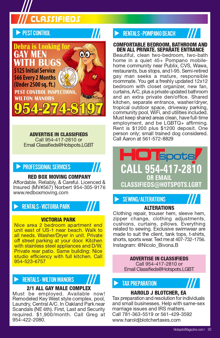Colorful classifieds page on a purple background with blue category headers (Pest Control, Rentals) and multiple ads: a large red ad with a cartoon woman and a big phone number, plus a yellow ad about Victoria Park rentals, and various service listings (professional services, sewing/alterations, tax preparation) across two columns, including an 'Advertise in Classifieds' box and a HOTspots ad.