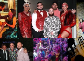 Collage of party and stage moments: people in festive outfits posing together, performing on a stage, and enjoying a lively event with an audience.