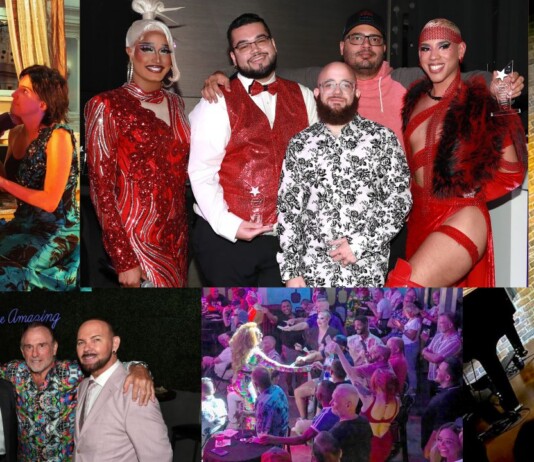 Collage of party and stage moments: people in festive outfits posing together, performing on a stage, and enjoying a lively event with an audience.