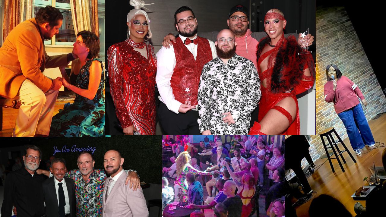 Out with Scott_1280x720 Collage of party and stage moments: people in festive outfits posing together, performing on a stage, and enjoying a lively event with an audience.
