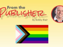 Header banner reading 'From the Publisher' with 'By Bobby Blair,' a circular portrait on the right, and a rainbow Pride flag graphic in the center.