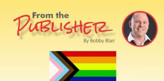 Header banner reading 'From the Publisher' with 'By Bobby Blair,' a circular portrait on the right, and a rainbow Pride flag graphic in the center.