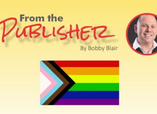 Header banner reading 'From the Publisher' with 'By Bobby Blair,' a circular portrait on the right, and a rainbow Pride flag graphic in the center.
