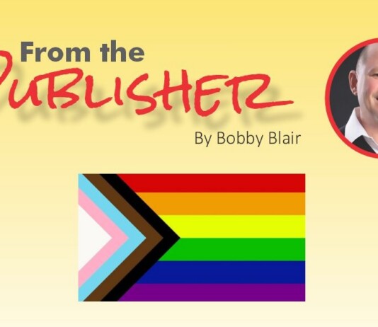 Header banner reading 'From the Publisher' with 'By Bobby Blair,' a circular portrait on the right, and a rainbow Pride flag graphic in the center.