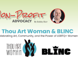 Non-Profit Advocacy banner with host Bobby Blair portrait and the title Thou Art Woman & BLINC plus logos”]("Invalid")} -Oops I need proper JSON. Let's redo.