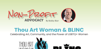 Non-Profit Advocacy banner with host Bobby Blair portrait and the title Thou Art Woman & BLINC plus logos”]("Invalid")} -Oops I need proper JSON. Let's redo.