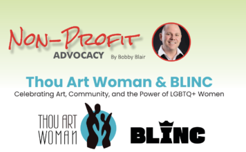 Non-Profit Advocacy banner with host Bobby Blair portrait and the title Thou Art Woman & BLINC plus logos”]("Invalid")} -Oops I need proper JSON. Let's redo.