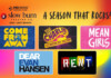 Slow Burn Theatre Company’s 2026/2027 Season Promotional poster for Slow Burn Theatre Co.'s 2026/2027 season, 'A Season That Rocks!', with show tiles like Come From Away, Charlie and the Chocolate Factory, Mean Girls, Dear Evan Hansen, and Rent.