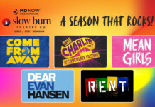 Slow Burn Theatre Company’s 2026/2027 Season Promotional poster for Slow Burn Theatre Co.'s 2026/2027 season, 'A Season That Rocks!', with show tiles like Come From Away, Charlie and the Chocolate Factory, Mean Girls, Dear Evan Hansen, and Rent.