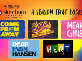 Slow Burn Theatre Company’s 2026/2027 Season Promotional poster for Slow Burn Theatre Co.'s 2026/2027 season, 'A Season That Rocks!', with show tiles like Come From Away, Charlie and the Chocolate Factory, Mean Girls, Dear Evan Hansen, and Rent.