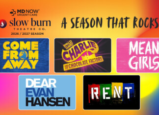 Slow Burn Theatre Company’s 2026/2027 Season Promotional poster for Slow Burn Theatre Co.'s 2026/2027 season, 'A Season That Rocks!', with show tiles like Come From Away, Charlie and the Chocolate Factory, Mean Girls, Dear Evan Hansen, and Rent.