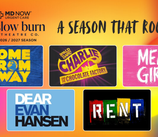Slow Burn Theatre Company’s 2026/2027 Season Promotional poster for Slow Burn Theatre Co.'s 2026/2027 season, 'A Season That Rocks!', with show tiles like Come From Away, Charlie and the Chocolate Factory, Mean Girls, Dear Evan Hansen, and Rent.