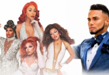 Ensemble photo of five drag queens in glittering outfits posing with a man in a blue tuxedo against a white background, suggesting a show promo.