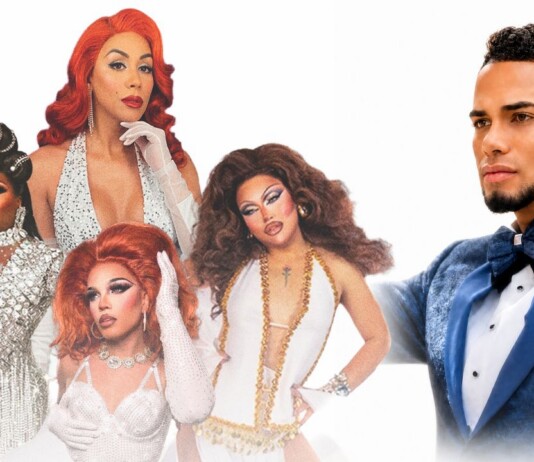 Ensemble photo of five drag queens in glittering outfits posing with a man in a blue tuxedo against a white background, suggesting a show promo.