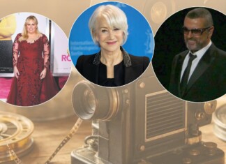 Collage of three circular portraits over a vintage camera backdrop: left: woman in a red gown; center: smiling silver-haired woman; right: man in a suit with sunglasses.