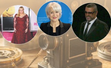 Collage of three circular portraits over a vintage camera backdrop: left: woman in a red gown; center: smiling silver-haired woman; right: man in a suit with sunglasses.