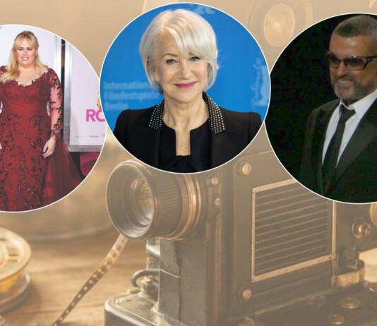 Collage of three circular portraits over a vintage camera backdrop: left: woman in a red gown; center: smiling silver-haired woman; right: man in a suit with sunglasses.