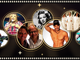 What’s Hot South Florida: August 13 – August 25 Montage of circular gold-framed photos on a dark starry backdrop, featuring a singer, Marilyn Monroe portrait, a muscular man, three women in robes, toy cars, two men smiling, and colorful sex toys.