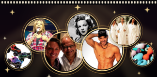 What’s Hot South Florida: August 13 – August 25 Montage of circular gold-framed photos on a dark starry backdrop, featuring a singer, Marilyn Monroe portrait, a muscular man, three women in robes, toy cars, two men smiling, and colorful sex toys.
