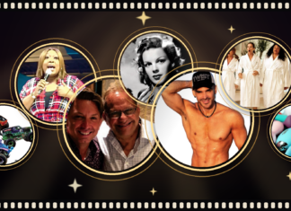 Montage of circular gold-framed photos on a dark starry backdrop, featuring a singer, Marilyn Monroe portrait, a muscular man, three women in robes, toy cars, two men smiling, and colorful sex toys.