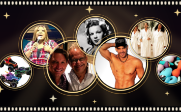 What’s Hot South Florida: August 13 – August 25 Montage of circular gold-framed photos on a dark starry backdrop, featuring a singer, Marilyn Monroe portrait, a muscular man, three women in robes, toy cars, two men smiling, and colorful sex toys.