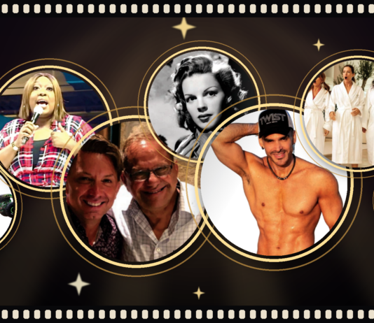 What’s Hot South Florida: August 13 – August 25 Montage of circular gold-framed photos on a dark starry backdrop, featuring a singer, Marilyn Monroe portrait, a muscular man, three women in robes, toy cars, two men smiling, and colorful sex toys.