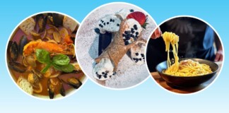 Collage of three dishes: seafood soup with mussels, dessert crepes with ice cream and berries, and a plate of spaghetti on a blue gradient background.