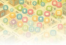 Isometric city map with colorful app icons on pins representing connected services in a smart-city network.”)