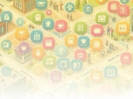 Isometric city map with colorful app icons on pins representing connected services in a smart-city network.”)