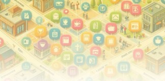 Isometric city map with colorful app icons on pins representing connected services in a smart-city network.”)