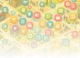 Isometric city map with colorful app icons on pins representing connected services in a smart-city network.”)