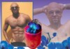 Hot Bartender: Sebastian Ocampo Collage of a shirtless man with sunglasses posing against a yellow wall, layered with blue orchids and a pink smoothie topped with a blue flower and dragon fruit.
