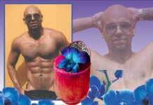 Collage of a shirtless man with sunglasses posing against a yellow wall, layered with blue orchids and a pink smoothie topped with a blue flower and dragon fruit.