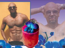 Collage of a shirtless man with sunglasses posing against a yellow wall, layered with blue orchids and a pink smoothie topped with a blue flower and dragon fruit.