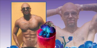 Collage of a shirtless man with sunglasses posing against a yellow wall, layered with blue orchids and a pink smoothie topped with a blue flower and dragon fruit.