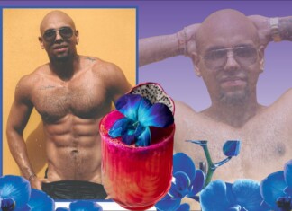 Collage of a shirtless man with sunglasses posing against a yellow wall, layered with blue orchids and a pink smoothie topped with a blue flower and dragon fruit.