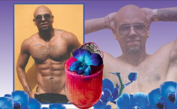 Hot Bartender: Sebastian Ocampo Collage of a shirtless man with sunglasses posing against a yellow wall, layered with blue orchids and a pink smoothie topped with a blue flower and dragon fruit.